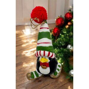 Vintage Ice Skating Penguin Christmas Tree Ornament Striped Hat Hand Painted